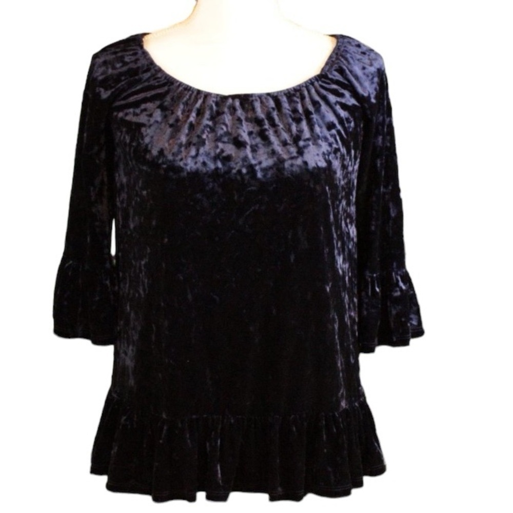 NWT Beach Lunch Lounge Blue Velvet Stretch Ruffle Blouse XS